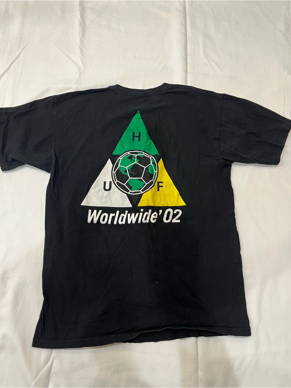 HUF Black Tee with Green, White & Yellow Triangle Soccer Graphic 'Worldwide '02'